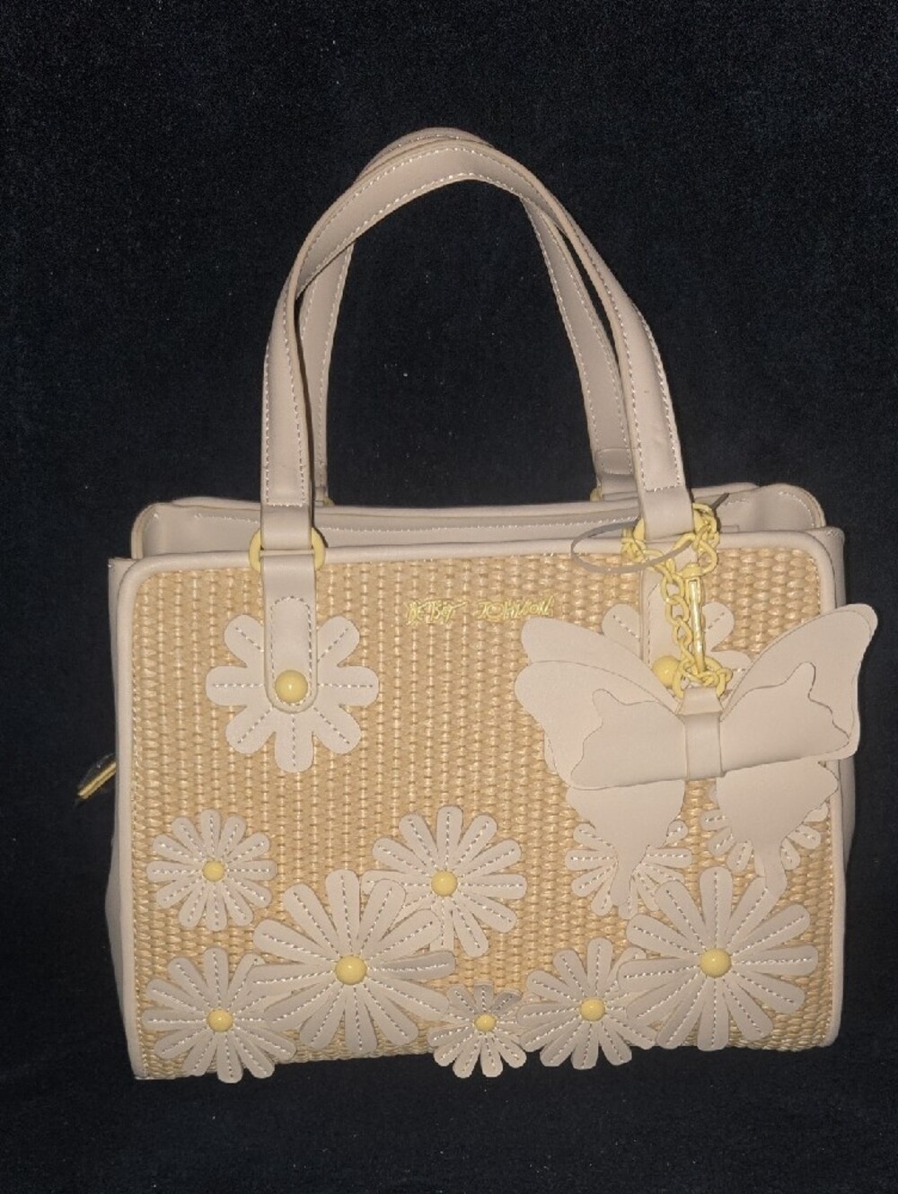 BETSEY JOHNSON Yellow/White Jute Daisy Butterfly Tote‎ Bag